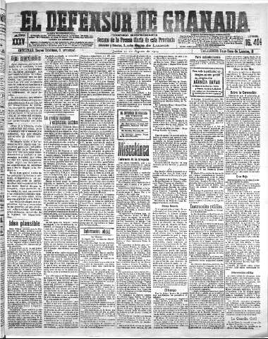 'El Defensor de Granada  : diario político independiente' - Año XXXV Número 16404  - 1913 Agosto 21
