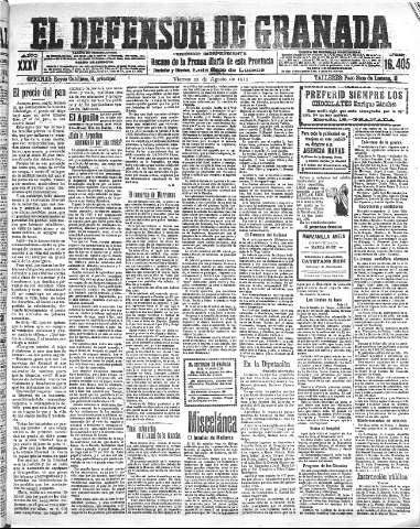 'El Defensor de Granada  : diario político independiente' - Año XXXV Número 16405  - 1913 Agosto 22