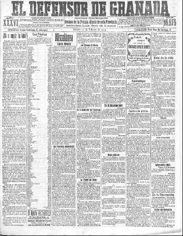 'El Defensor de Granada  : diario político independiente' - Año XXXVI Número 16575  - 1914 Febrero 21