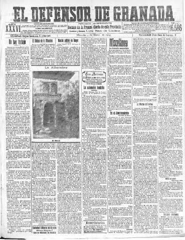 'El Defensor de Granada  : diario político independiente' - Año XXXVI Número 16586  - 1914 Marzo 04