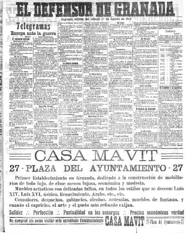 'El Defensor de Granada  : diario político independiente' - Año XXXVI Número  2ª ed. - 1914 Agosto 01