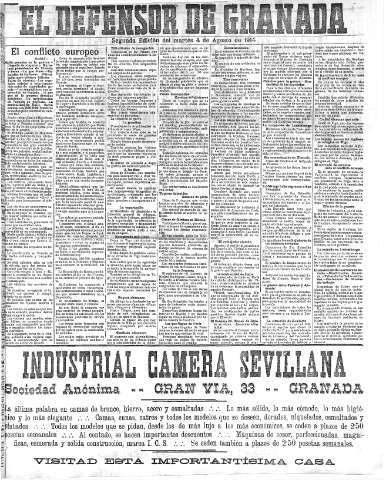 'El Defensor de Granada  : diario político independiente' - Año XXXVI Número  2ª ed. - 1914 Agosto 04