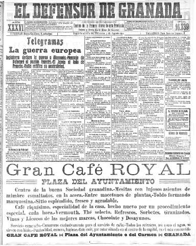 'El Defensor de Granada  : diario político independiente' - Año XXXVI Número 16739 2ª ed. - 1914 Agosto 05
