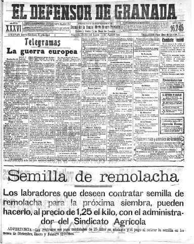 'El Defensor de Granada  : diario político independiente' - Año XXXVI Número 16745 2ª ed. - 1914 Agosto 10