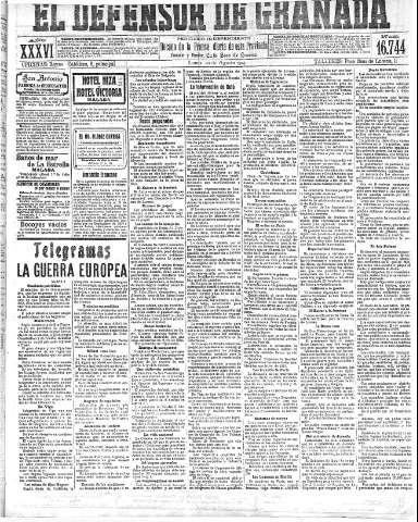 'El Defensor de Granada  : diario político independiente' - Año XXXVI Número 16744  - 1914 Agosto 10
