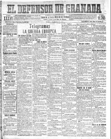 'El Defensor de Granada  : diario político independiente' - Año XXXVI Número 16765  - 1914 Agosto 31