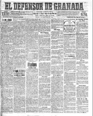 'El Defensor de Granada  : diario político independiente' - Año XXXVI Número 16766  - 1914 Septiembre 01
