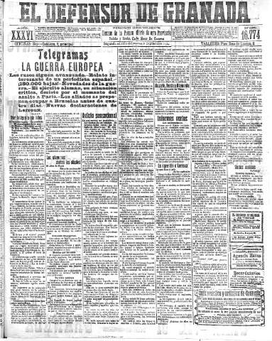 'El Defensor de Granada  : diario político independiente' - Año XXXVI Número 16774 2ª ed. - 1914 Septiembre 08