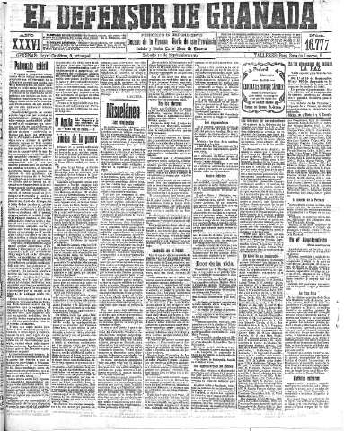 'El Defensor de Granada  : diario político independiente' - Año XXXVI Número 16777  - 1914 Septiembre 11