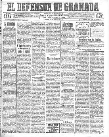 'El Defensor de Granada  : diario político independiente' - Año XXXVI Número 16793  - 1914 Septiembre 27