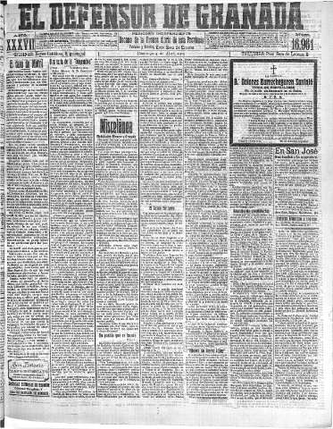 'El Defensor de Granada  : diario político independiente' - Año XXVII Número 16961  - 1915 Abril 04