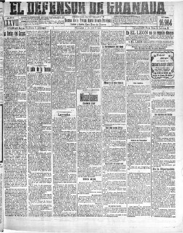 'El Defensor de Granada  : diario político independiente' - Año XXVII Número 16964  - 1915 Abril 07