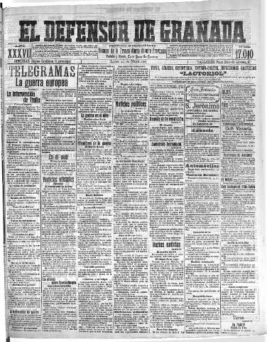 'El Defensor de Granada  : diario político independiente' - Año XXVII Número 17010  - 1915 Mayo 24