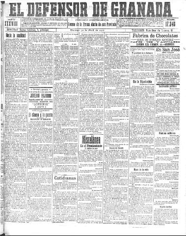 'El Defensor de Granada  : diario político independiente' - Año XXXVIII Número 17345  - 1916 Abril 30