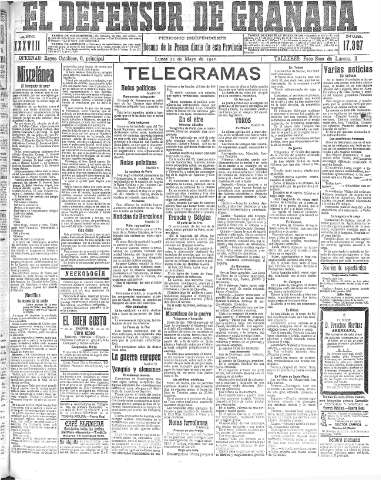 'El Defensor de Granada  : diario político independiente' - Año XXXVIII Número 17367  - 1916 Mayo 22