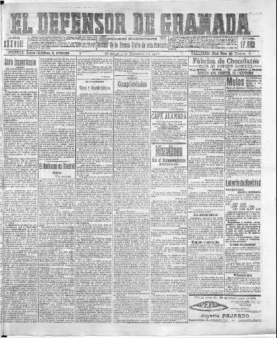 'El Defensor de Granada  : diario político independiente' - Año XXXVIII Número 17553  - 1916 Diciembre 03