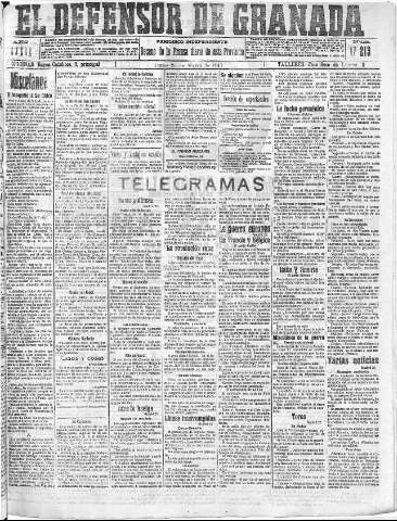 'El Defensor de Granada  : diario político independiente' - Año XXXIX Número 17213  - 1917 Marzo 26