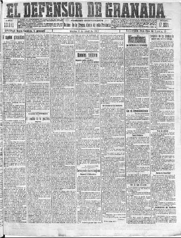 'El Defensor de Granada  : diario político independiente' - Año XXXIX Número 17221  - 1917 Abril 03