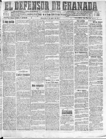 'El Defensor de Granada  : diario político independiente' - Año XXXIX Número 17222  - 1917 Abril 04
