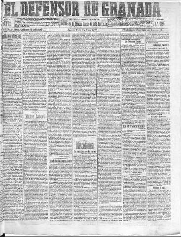 'El Defensor de Granada  : diario político independiente' - Año XXXIX Número 17223  - 1917 Abril 05