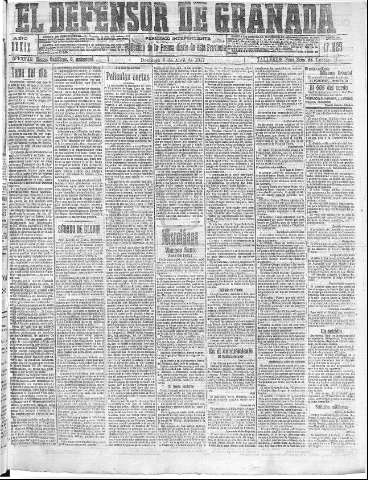 'El Defensor de Granada  : diario político independiente' - Año XXXIX Número 17225  - 1917 Abril 08