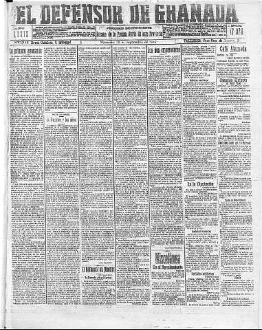 'El Defensor de Granada  : diario político independiente' - Año XXXIX Número 17372  - 1917 Septiembre 12