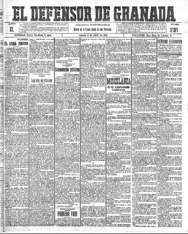 'El Defensor de Granada  : diario político independiente' - Año XL Número 17571  - 1918 Abril 04