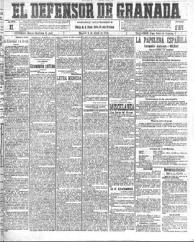 'El Defensor de Granada  : diario político independiente' - Año XL Número 17576  - 1918 Abril 09
