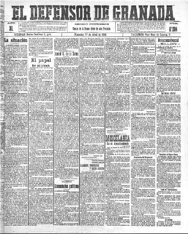 'El Defensor de Granada  : diario político independiente' - Año XL Número 17584  - 1918 Abril 17