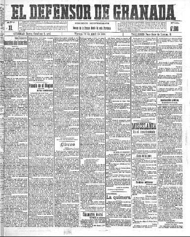 'El Defensor de Granada  : diario político independiente' - Año XL Número 17585  - 1918 Abril 18
