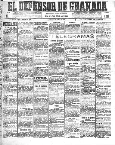 'El Defensor de Granada  : diario político independiente' - Año XL Número 17596  - 1918 Abril 29