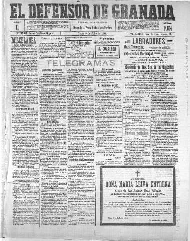 'El Defensor de Granada  : diario político independiente' - Año XL Número 17664  - 1918 Julio 08