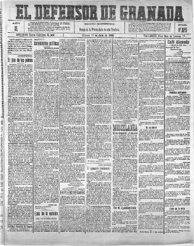 'El Defensor de Granada  : diario político independiente' - Año XL Número 17675  - 1918 Julio 19