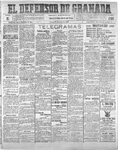 'El Defensor de Granada  : diario político independiente' - Año XL Número 17678  - 1918 Julio 22