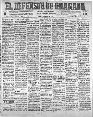 'El Defensor de Granada  : diario político independiente' - Año XL Número 17688  - 1918 Agosto 01