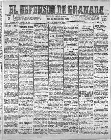 'El Defensor de Granada  : diario político independiente' - Año XL Número 17692  - 1918 Agosto 06