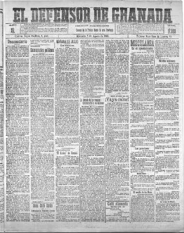 'El Defensor de Granada  : diario político independiente' - Año XL Número 17693  - 1918 Agosto 07