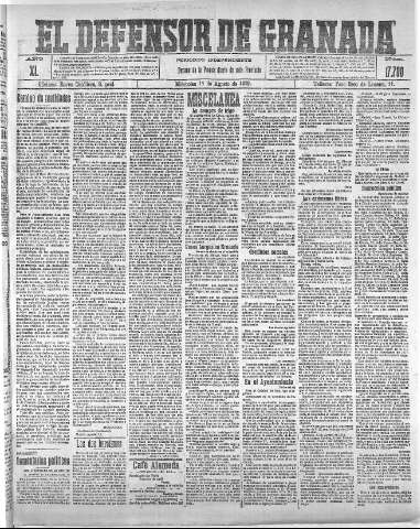 'El Defensor de Granada  : diario político independiente' - Año XL Número 17700  - 1918 Agosto 14