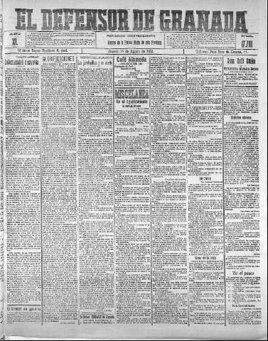 'El Defensor de Granada  : diario político independiente' - Año XL Número 17701  - 1918 Agosto 15