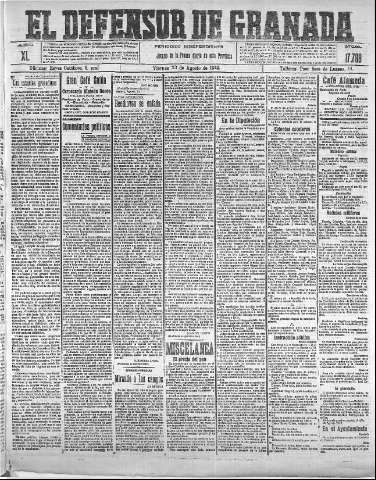 'El Defensor de Granada  : diario político independiente' - Año XL Número 17709  - 1918 Agosto 23