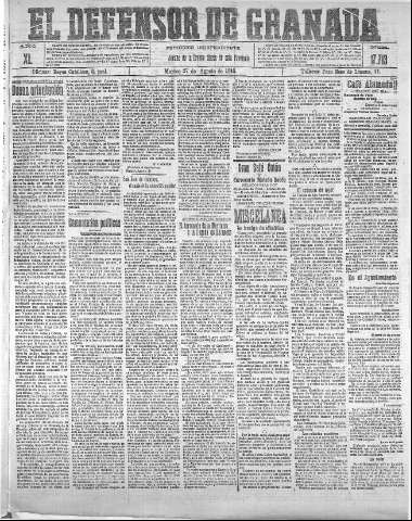 'El Defensor de Granada  : diario político independiente' - Año XL Número 17713  - 1918 Agosto 27