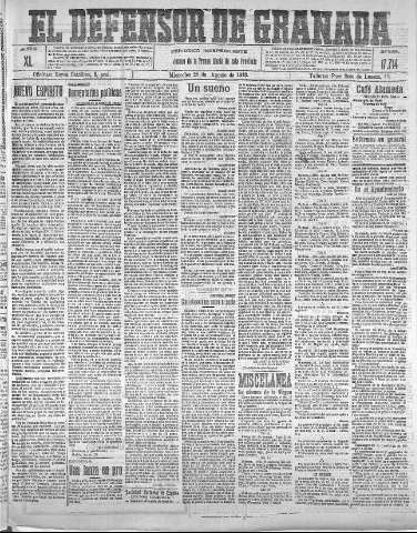 'El Defensor de Granada  : diario político independiente' - Año XL Número 17714  - 1918 Agosto 28