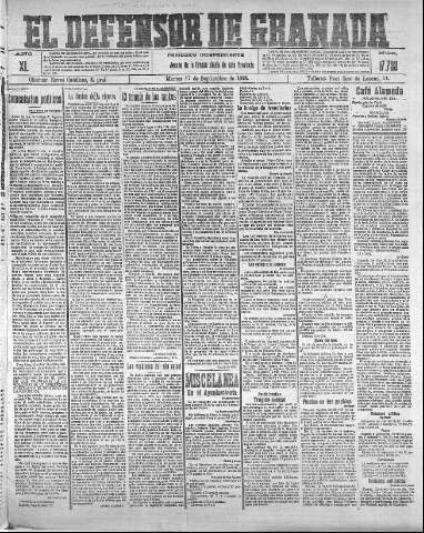 'El Defensor de Granada  : diario político independiente' - Año XL Número 17733  - 1918 Septiembre 17