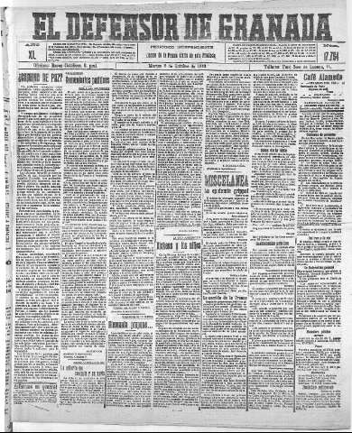'El Defensor de Granada  : diario político independiente' - Año XL Número 17754  - 1918 Octubre 08