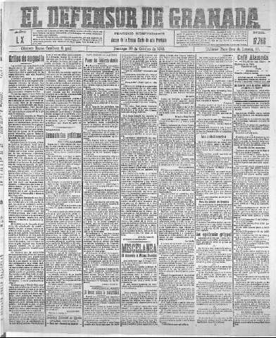 'El Defensor de Granada  : diario político independiente' - Año XL Número 17766  - 1918 Octubre 20