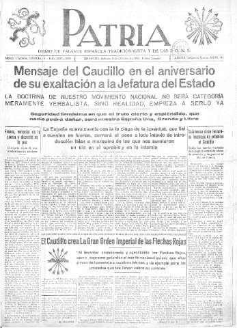 'Patria  : diario de Falange Española Tradicionalista y de las J.O.N.S.' - Año III Segunda Epoca Número 126  - 1937 Octubre 02