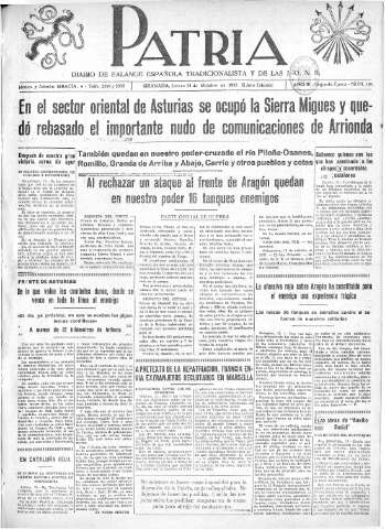 'Patria  : diario de Falange Española Tradicionalista y de las J.O.N.S.' - Año III Segunda Epoca Número 136  - 1937 Octubre 14