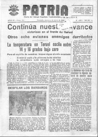 'Patria  : diario de Falange Española Tradicionalista y de las J.O.N.S.' - Año IV Número 211  - 1938 Enero 06