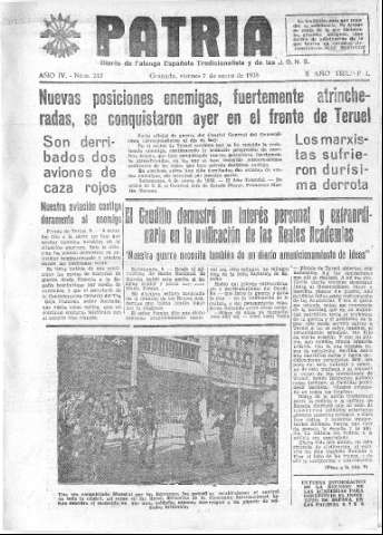 'Patria  : diario de Falange Española Tradicionalista y de las J.O.N.S.' - Año IV Número 212  - 1938 Enero 07