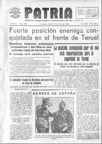 'Patria  : diario de Falange Española Tradicionalista y de las J.O.N.S.' - Año IV Número 213  - 1938 Enero 08
